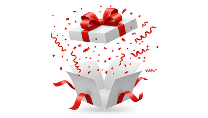 White gift box opening with red ribbon and confetti explosion