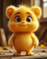 Adorable fluffy yellow bear standing on a wooden floor with soft natural light in the background