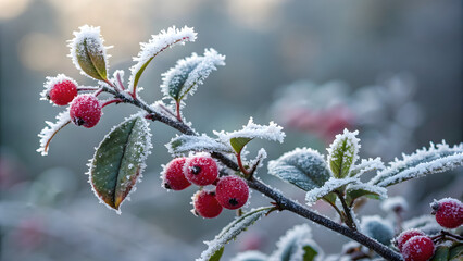 Winter Berry Branch: Delicate red berries and lush green leaves, kissed by a frosty layer of ice crystals, convey the essence of winter's chill in a natural, enchanting photograph.
