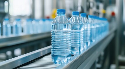 Automated conveyor line moving plastic water bottles through stainless steel machinery in modern bottling plant