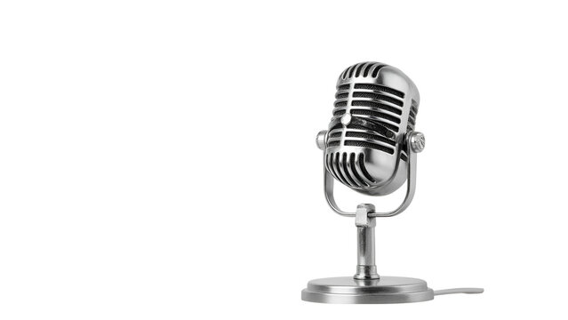 Vintage microphone silver retro classic mic for podcast recording studio audio sound equipment on transparent background