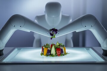 Robotic arms arranging colorful vegetables and a purple flower on a glowing surface technology automation