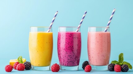 Three vibrant fruit smoothies in clear glasses with striped straws, surrounded by fresh berries on blue surface, refreshing summer drink concept