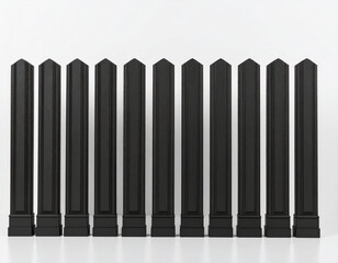 Fototapeta premium A clean, symmetrical row of identical black architectural pillars with pointed tops and detailed bases, standing against a crisp white background. Symbolizes structure, security, or elegant design.