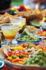 A Mexican fiesta table with colorful dishes like enchiladas, guacamole, and margaritas