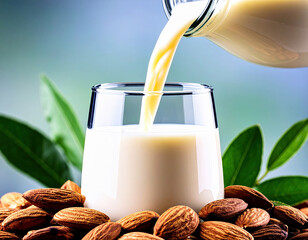 Fresh vegan almond milk pouring into glass surrounded by raw almonds