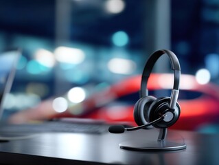 Professional Headset on Desk with Blurred Background and Ambient Lighting