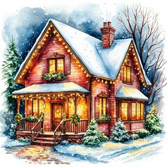 Charming watercolor painting of a snowy house decorated with warm lights and festive wreaths during winter season
