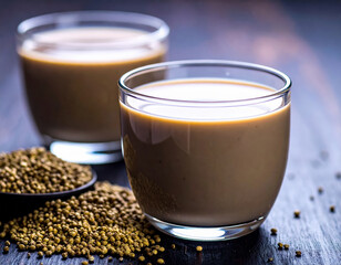 GVegan finger millet milk in clear glass cup with scattered raw ragi seeds nearbyenerated image