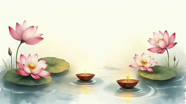 A watercolor painting of lotus flowers blooming over calm water with floating diyas &mdash; inviting peace and purity into the Vastu space.
