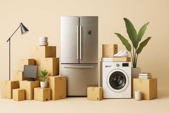Household appliances and cardboard boxes arranged with decor on beige background in creative light industry style. Ai generative.