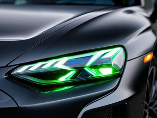 Fototapeta premium Sleek Modern Car with Striking Green LED Headlights and Design