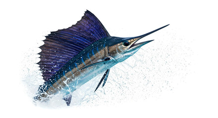 白背景に躍動的に描かれた美しいバショウカジキのジャンプと水しぶきのリアルイラスト -生成AI