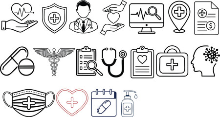 Vector Medical Icons Collection Featuring Stethoscope, Heart, Pills, and Caduceus in Line Art