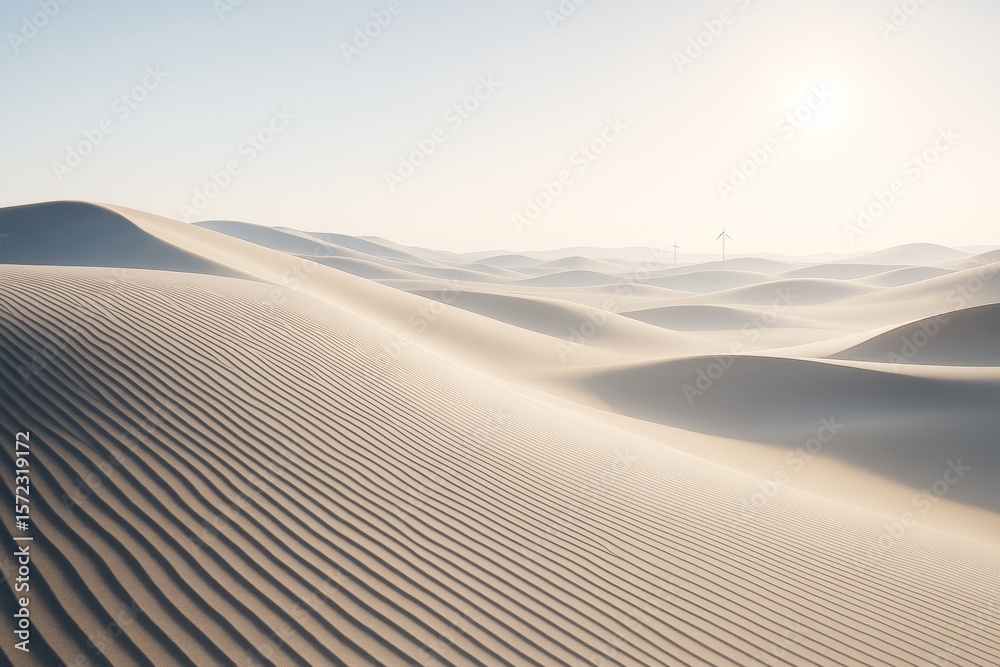 Poster Minimalist desert landscape with smooth sand dunes and subtle light shadows under a soft sky with distant wind turbines in background. Ai generative.