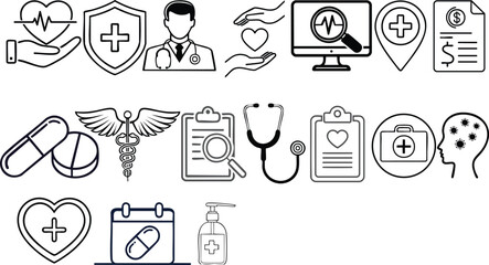 Vector Healthcare Line Art Icons Set on White Background in Modern Minimalist Style