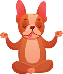 Cartoon french bulldog practicing yoga, meditating in lotus position with closed eyes and tongue out, isolated on white background, representing mindfulness, relaxation and inner peace