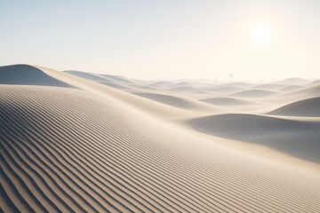 Naklejka premium Minimalist desert landscape with smooth sand dunes and subtle light shadows under a soft sky with distant wind turbines in background. Ai generative.