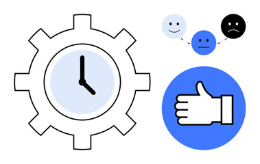Gear-shaped clock symbolizing productivity, emotion icons showing satisfaction levels, thumbs-up for positive feedback. Ideal for workflow, efficiency, evaluation, decision-making, rating, emotion