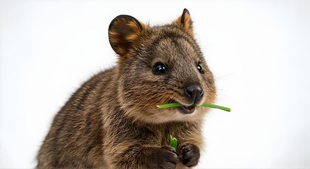 白背景で葉っぱをくわえてこちらを見つめるクアッカワラビーのユーモラスで愛らしいアップポートレート、癒し効果抜群の人気有袋類 -生成AI