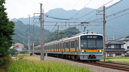 Obraz premium Train travels through a countryside landscape with mountain backdrop and overhead electric lines.