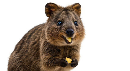 白背景で食べ物を手に持ちながら食べて正面で微笑むクアッカワラビーの愛らしいアップショット、癒しとユーモアを感じる人気有袋類 -生成AI