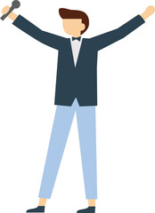 Male singer in a stylish suit, holding a microphone and performing live on stage with arms raised, capturing the energy and excitement of the moment in a simple flat design illustration