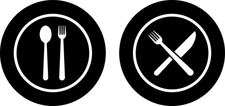 plate with Fork spoon icon set. Food icon. Plate symbol. Breakfast lunch dinner icons. Menu sign. Tableware instruments