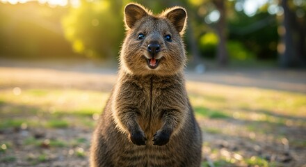 自然の中で笑顔を見せるクアッカワラビーの愛らしい正面ポートレート、やわらかな夕日と癒しの表情が魅力の野生動物写真 -生成AI