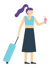 Tourist carrying a rolling suitcase and enjoying a refreshing soft drink while heading to a vacation destination or arriving at an exciting new location