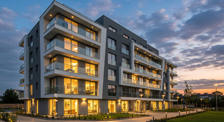 Fototapeta premium Modern apartment building with illuminated windows and balconies at dusk
