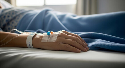 Fototapeta premium A close-up of a patient’s hand with an IV line and hospital wristband, resting on a blue blanket. The image evokes themes of illness, recovery, medical care, and the vulnerability of being hospitalize