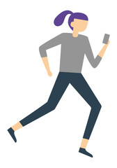 Minimalist illustration of a young woman running and using her smartphone, representing concepts like multitasking, being busy, and using technology on the go