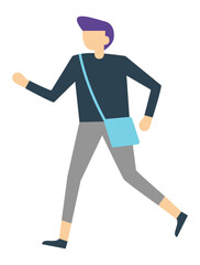 Stylish male student with vibrant purple hair, dressed in casual attire, walking confidently to university while carrying a light blue shoulder bag, embodying a modern, youthful lifestyle