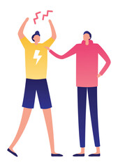 Young man trying to calm down his stressed friend having an anger or panic attack, minimalist flat design illustration isolated on white background