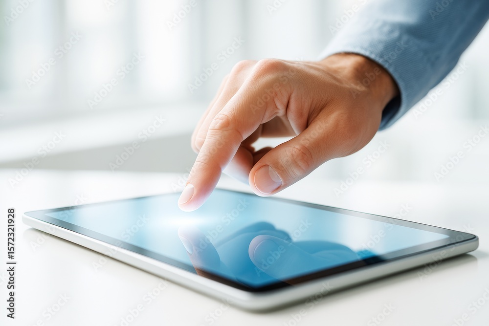 Aufkleber Close-up of person using digital tablet with finger touch on screen in light office background, symbolizing modern technology and interaction.
