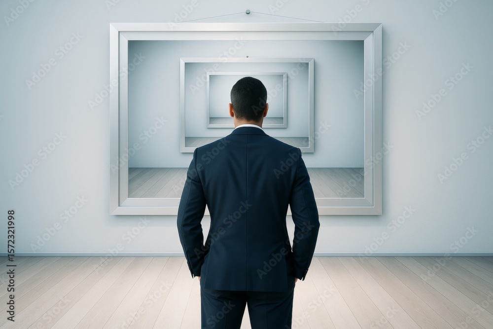 Poster businessman standing in front of infinite picture frames, contemplating future possibilities in a su
