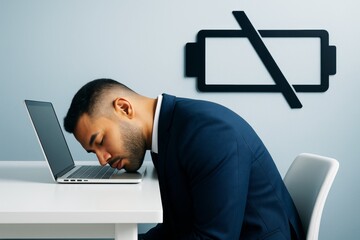 Exhausted businessman with head on laptop at desk under empty battery icon on light background showing burnout concept. Ai generative.