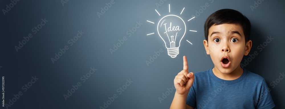 Aufkleber Surprised child pointing upward with drawn light bulb and idea text on clean blue background for concept of creativity and innovation in education.