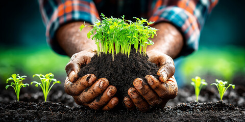 Hands nurture green seedlings in rich soil promoting organic farming