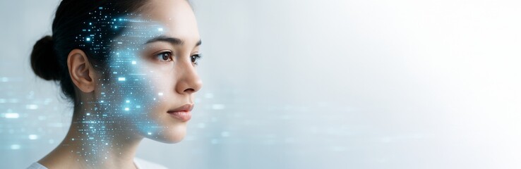Futuristic face scan concept showing woman with digital elements on face and clean copyspace background for AI technology or innovation poster.