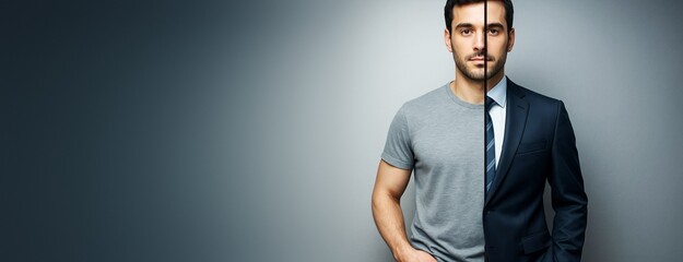 Split image of a man in casual t-shirt and formal suit on gradient background for concept of transformation and professional growth.