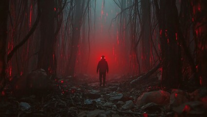 Dystopian Mechanized Human Amid Alien Planet with Neon Red Glitch Circuitry, Haunting Cinematic.