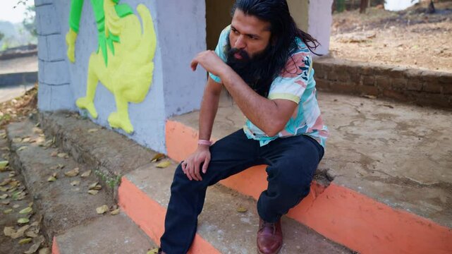 Bearded Criminal Imitate Hero in Rustic Style