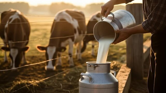 Farmer pouring milk on dairy farm during golden hour
