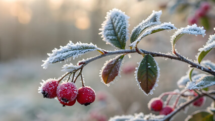 Frosty Berries: Close-up of a branch with frost-covered leaves and bright red berries. The scene is bathed in soft, morning light.