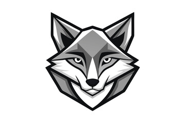 A monochrome fox head faces forward with stylized rendering and bold black outlines