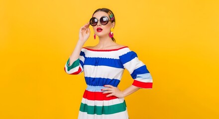 Woman in striped summer dress and sunglasses.