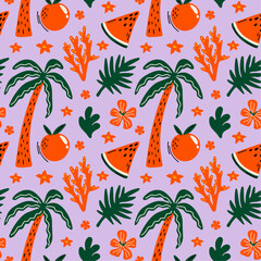 Tropical aesthetic, summer vacation vibes, holiday themed seamless vector pattern with cute groovy funky cartoon illustration of sea beach objects, palm tree, exotic flowers, plants, fruits
