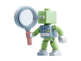 Toy robot inspects closely with magnifying glass against a transparent background, symbolizing discovery and exploration.